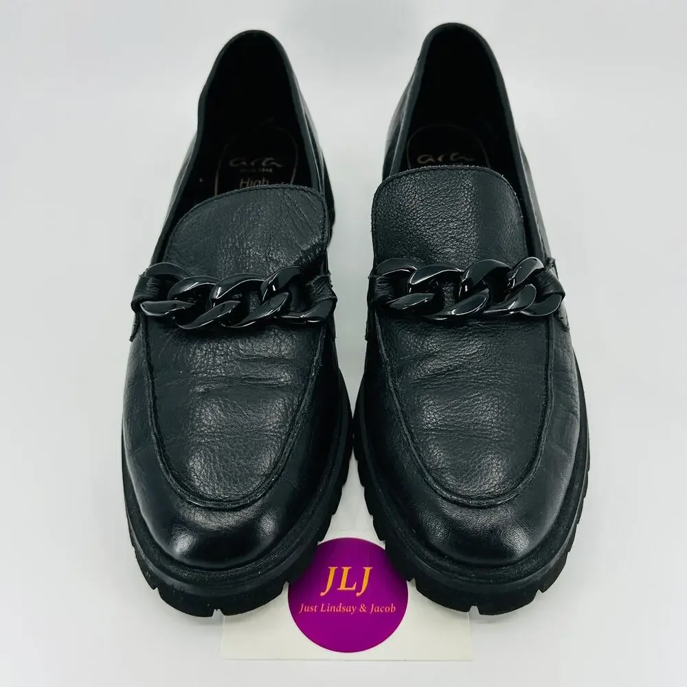 ARA Shoes Women's Kiana Black Pebbled Leather Chain Lug Sole Loafers Size 7.5